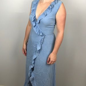 NWOT Chambray Ruffle Wrap Dress Blue